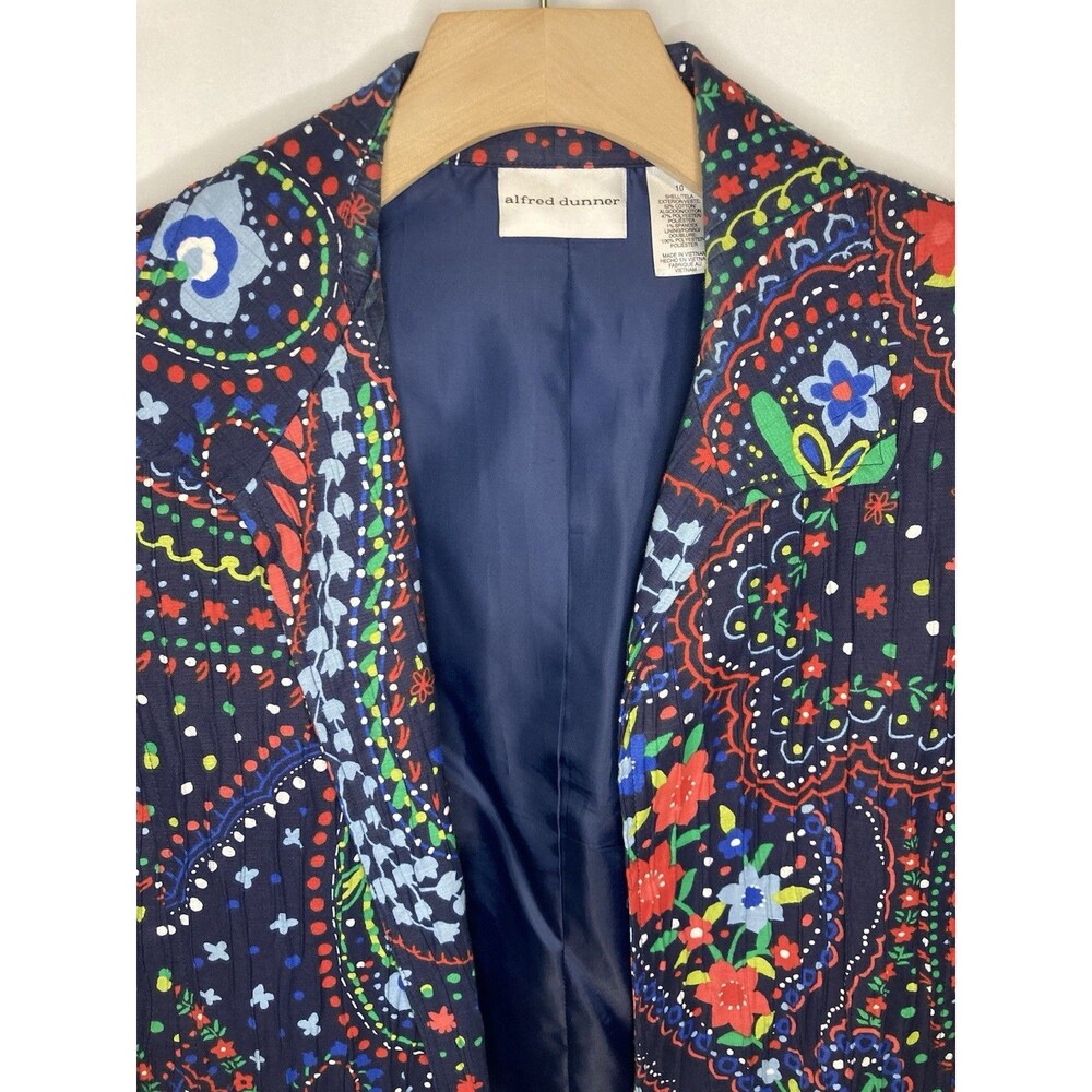 Alfred Dunner Womens Blazer Jacket 10 Navy Floral Paisley Open Front Crinkle - Picture 3 of 9